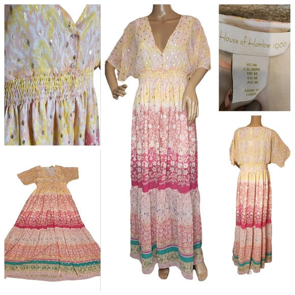 House of Harlow Maxi Dress Gold Foil Flecks Multi Colored Size Medium - Picture 1 of 16